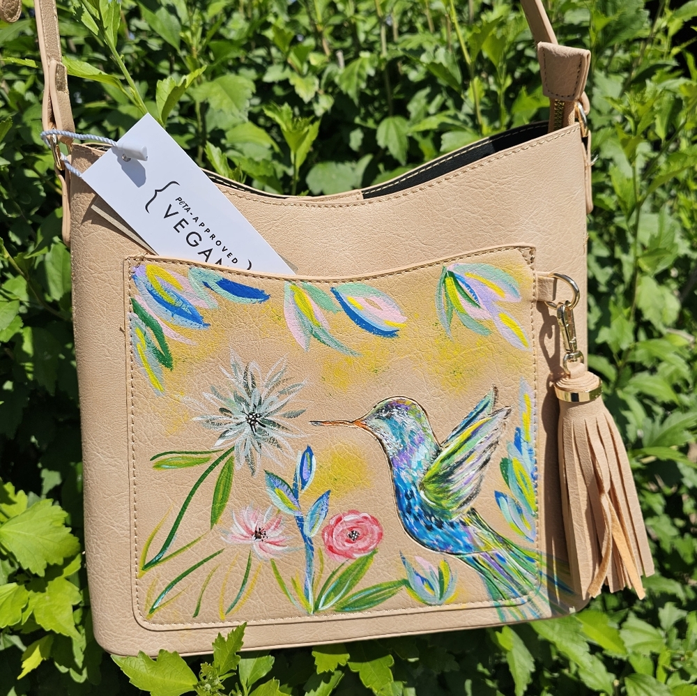 Unique handpainted vegan leather shoulder bag 🐦
